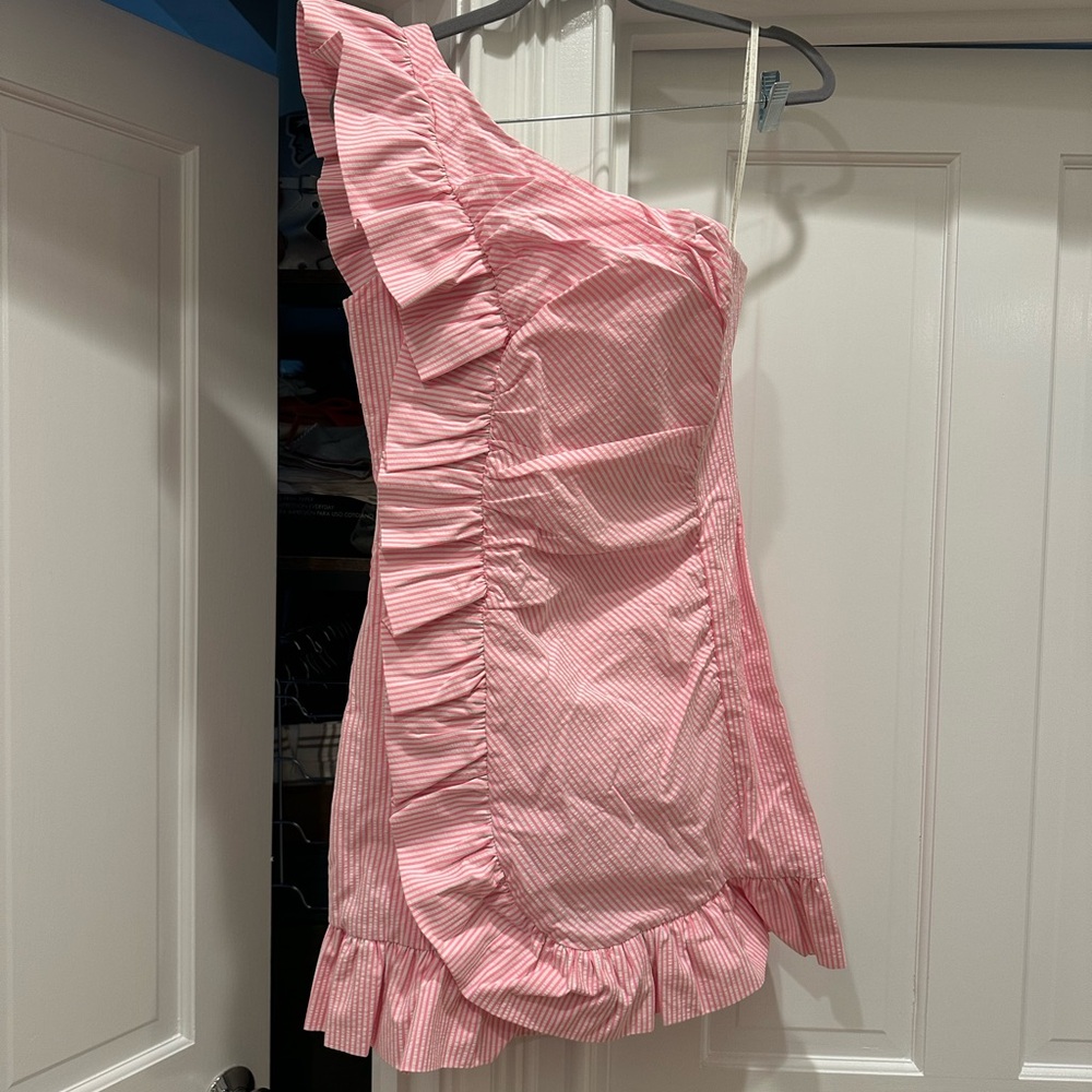Lilly Pulitzer Pink Striped Ruffle One-Shoulder Mini Dress
